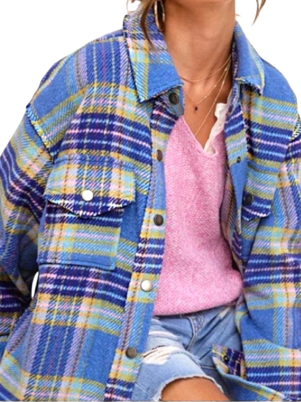 La Miel Women L Hailee Jacket Plaid Sky Blue Pink Oversized Raw Edge Streetwear